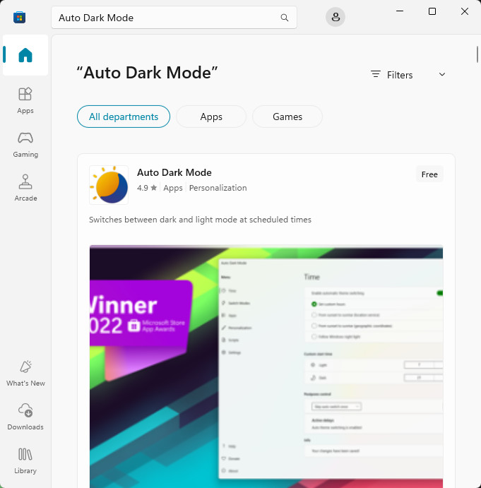 Приложение Auto Dark Mode для автоматической смены режимов темы в магазине Microsoft Store