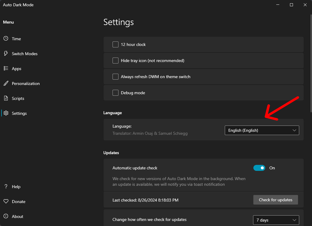 Настройка языка в приложении Auto Dark Mode